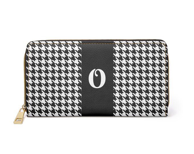 Houndstooth Black and White with White Initial O, Womens Zippered Wallet, Personalized Wallet, Womens Wallet