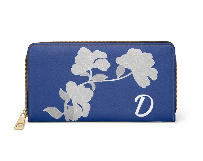 White and Blue Womens Floral Wallet, Personalized with your Initial, Zippered, Initial D