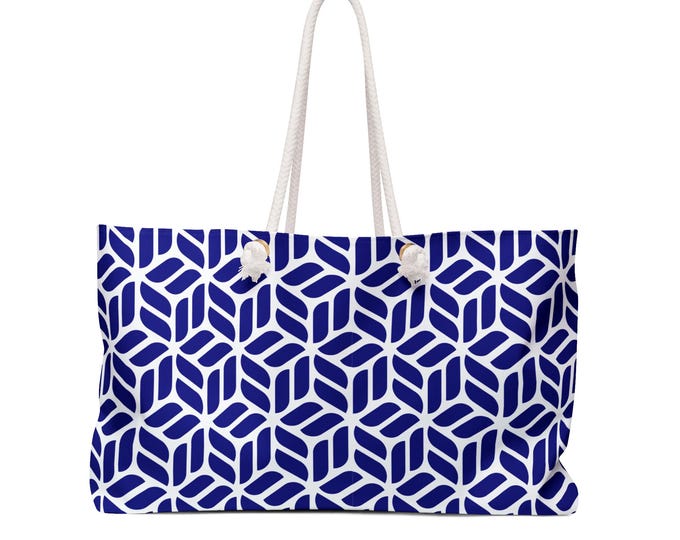 Navy Geometric Tile Weekender | Blue Pattern Overnight Bag