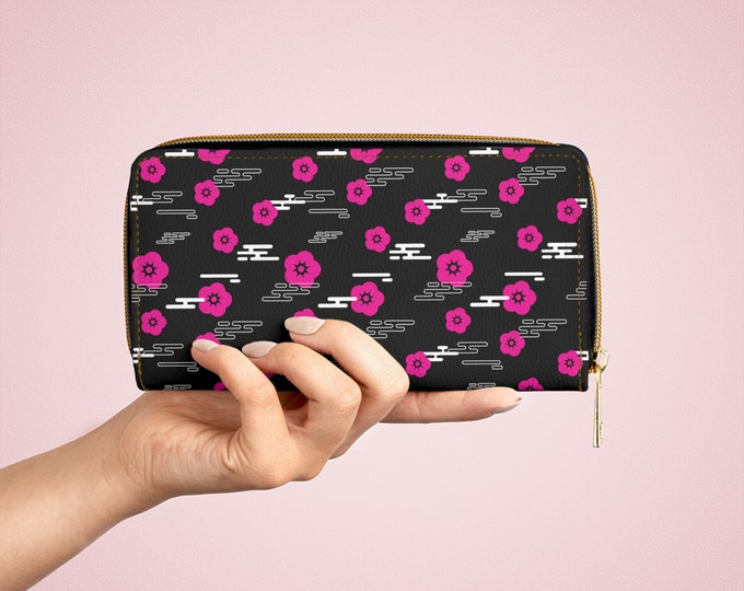 Pink and White Flower Pattern, Black Womens Zipper Wallet, Womens Card Holder