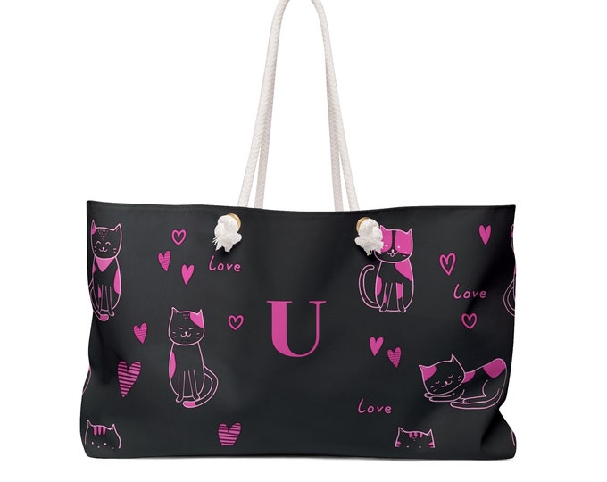 Pink Love Cats Black Tote, Personalized Bag, Women's Purse, Initial U, Weekender Bag