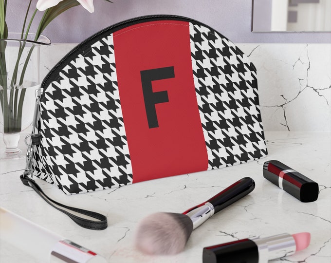 Red, Black, and White Houndstooth patterned Makeup Bag, Personalized with Initial, F Her Makeup bag, Initialized