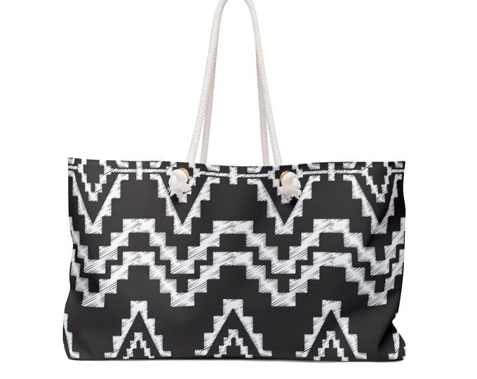 Black and White Native Pattern Weekender Bag | Oversized Tote for Travel, Beach & Everyday
