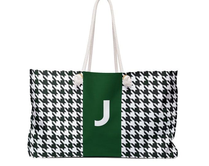 Houndstooth Black White & Forest Green Weekender Tote Bag – Personalized Women’s Oversized Travel Handbag with Initial J