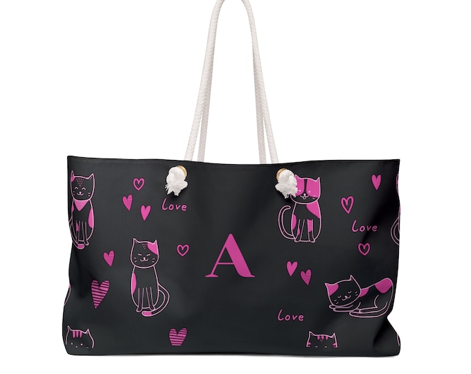 Cats & Hearts Weekender Tote Bag | Pink and Black Travel Bag | Personalized with Initial K | Gift for Cat Lovers, Women and Teens