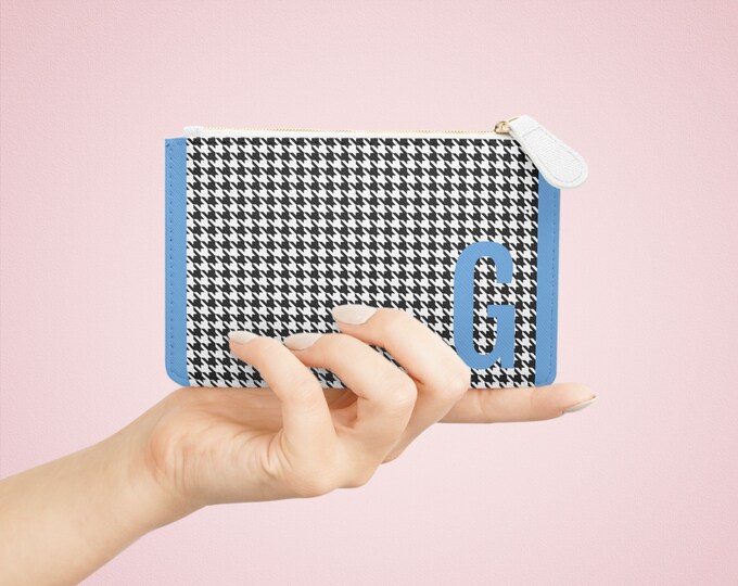 Mini Clutch Card Holder, Light Blue Initial with G Black and White Design, Personalized Card Holder
