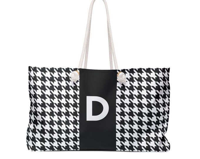 Black, and White with Black D Bag, Initialized Detail Womens Weekender Tote Bag, Personalized Bag, Initialized Handbag