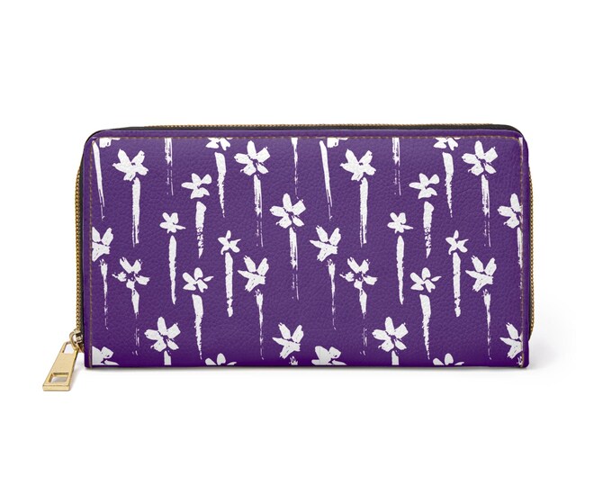White Floral Stems Zipper Wallet | Purple Botanical Pattern