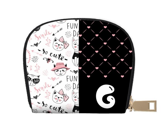 Cute Cats Wallet – Pink, Black & White | Personalized Initial G | Leather Semicircle Card Holder | Women’s Mini Wallet