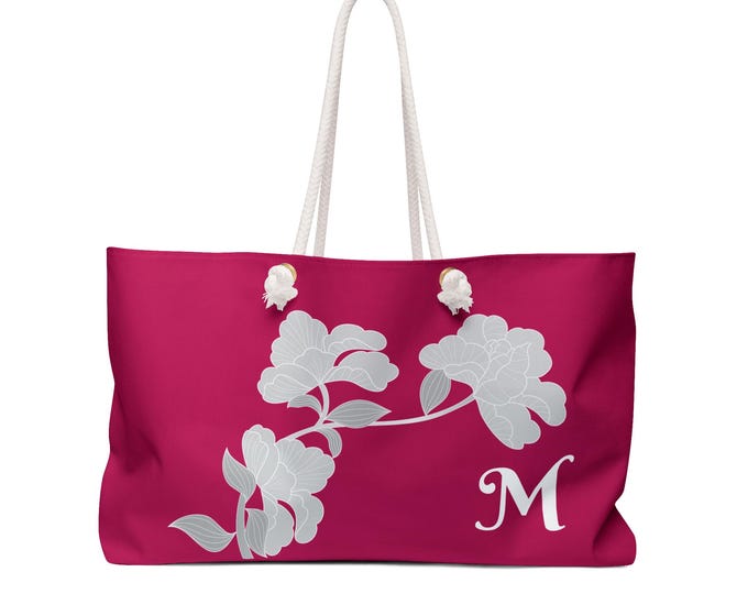 Fuchsia Floral Tote, Personalized with your Initial, ToteBag, Weekender Bag