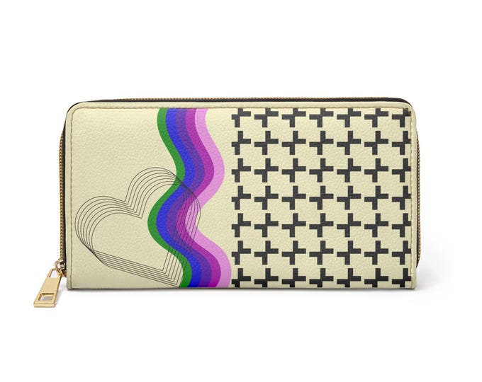 Retro Rainbow Hearts Zipper Wallet | Geometric Cross Pattern