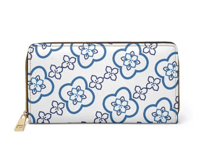 Blue Floral Pattern Zipper Wallet | Doodle Flower Print, White Background
