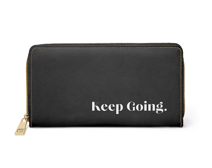 Keep Going text zipper wallet | motivational black zippered wallet