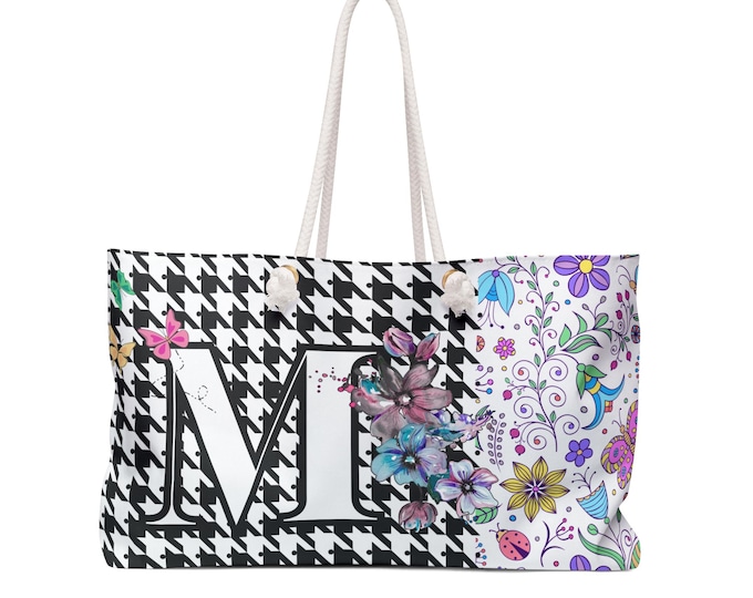 Monogram Custom Initial Floral houndstooth Weekender Bag | Floral initial tote