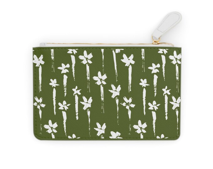 White Floral Brushstroke Pattern Mini Clutch Bag | Olive Green Floral Pouch