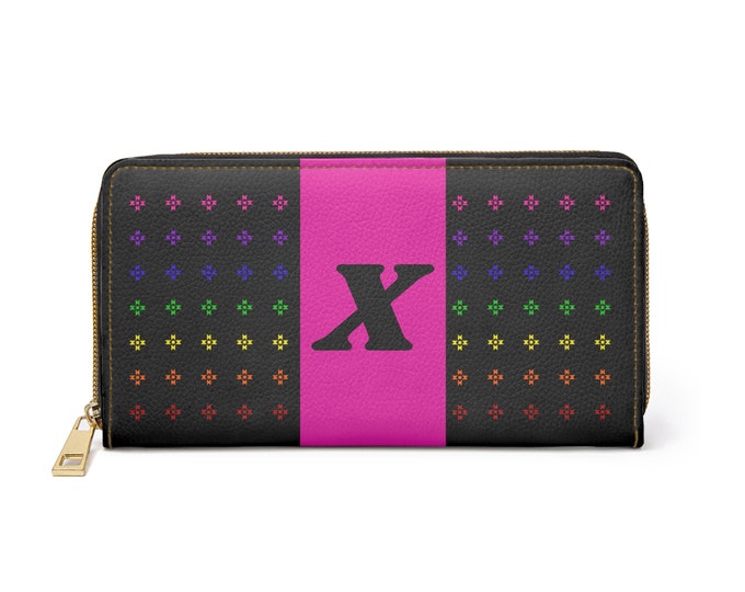 Rainbow Native Stars Womens Wallet, Pink Detail, Personalized with Black Initial X, Initialized Zipper Wallet, Native American Designed