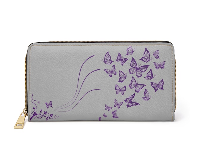 Purple and Gray Butterfly Swarm Zipper Wallet | Floral Flight Pattern