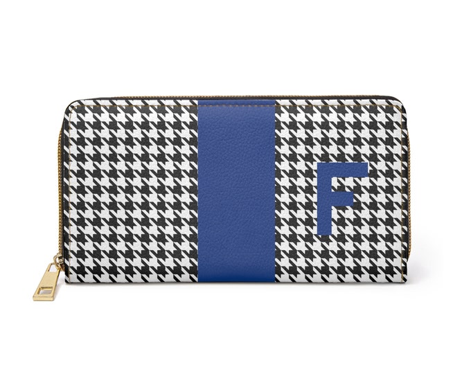 Houndstooth Black and White with Blue F Initialized Detail Womens Zippered Wallet