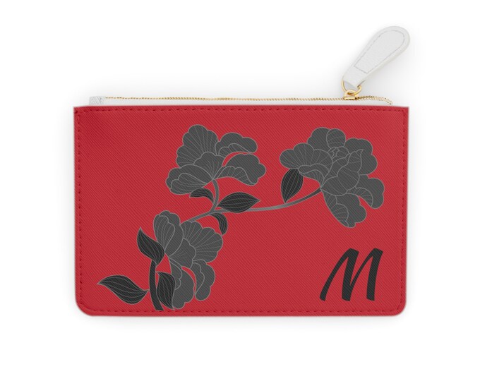 Red and Black Womens Floral Small Wallet, Personalized with your Initial, Zippered Cardholder, Initial M, Mini Clutch Bag