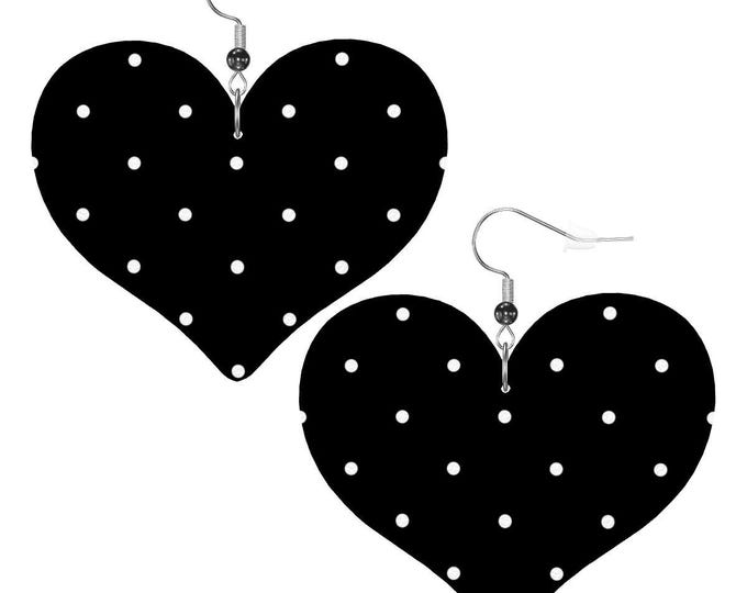 White Polka Dots on Black Heart Earrings | Leather Statement Jewelry | UV Print | Gift for Her | Lightweight Fashion Earrings