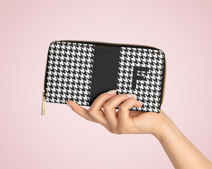 Houndstooth Black and White with Black, F Initialized Detail Womens Zippered Wallet