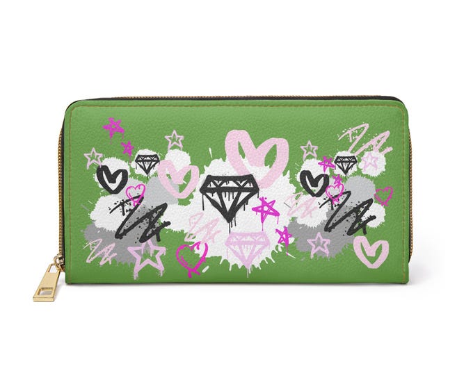 Olive Green Trendy Zipper Wallet with Fun Heart & Diamond Design, Perfect Gift for Teens, Stylish Accessory, Birthday Present, Everyday Use