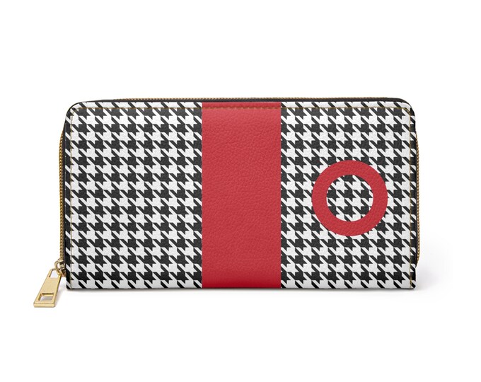 Houndstooth Black and White, with Red O Initialized Detail Womens Zippered Wallet, Personalized Wallet, Womens Wallet
