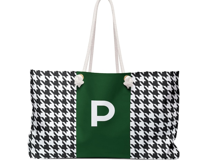 Houndstooth Black, White and Forrest Green, with Black P Initialized Detail Womens Weekender Tote Bag, Personalized Bag, Initialized Handbag