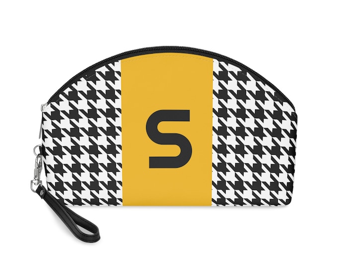 Marigold, Black, and White Houndstooth patterned Makeup Bag, Personalized with Initial S, Her Makeup bag, Initialized