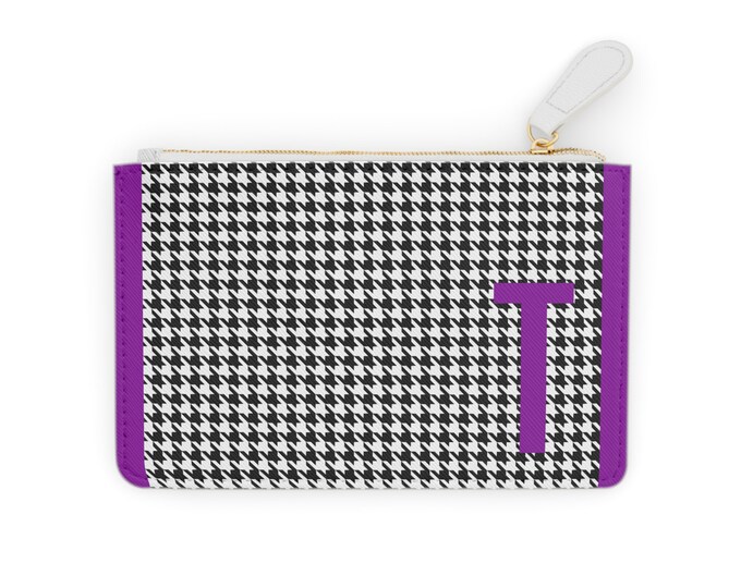 Houndstooth Purple Detail Initialized, T Initial, Personalized Mini Clutch Bag, Womens Zippered Card Holder