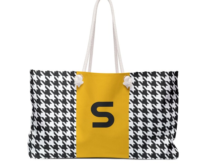 Houndstooth Black, White and Marigold, with Black S Initialized Detail Womens Weekender Tote Bag, Personalized Bag, Initialized Handbag