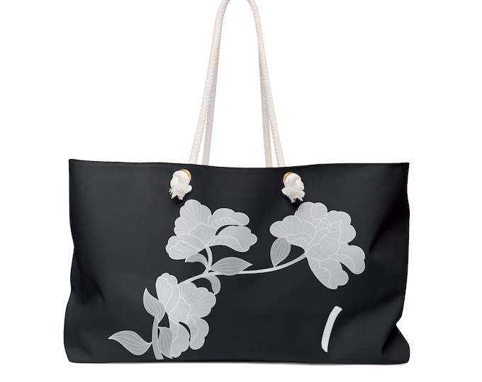 Black & White Floral Tote Bag, Personalized Weekender with Initial I, Oversized Beach Bag, Gift for Her, Travel Tote