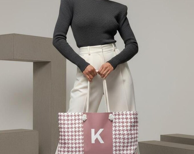 Houndstooth Featherlight Pink with White Initialized (Choose A-Z) Detail Women's Weekender Tote Bag, Personalized Bag, Initialized Handbag
