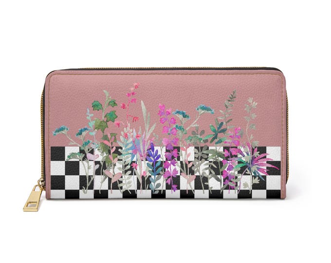 Flowers and Checkers Featherlight Zipper Wallet – Faux Leather Women’s Wallet