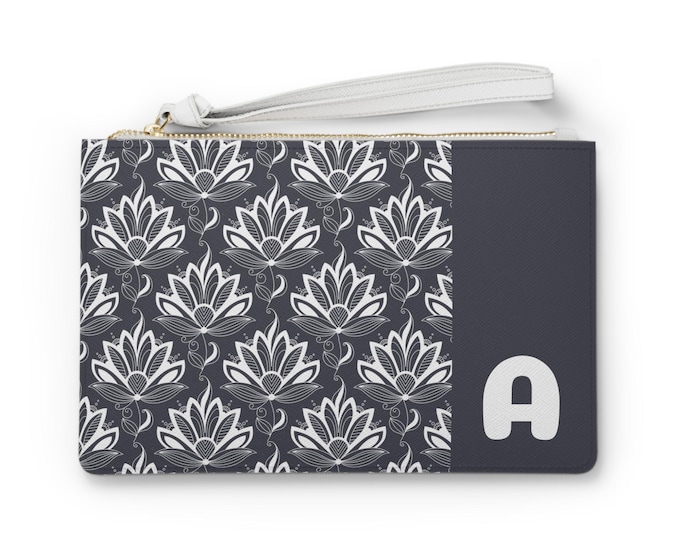 Personalized with Initial A-Z Iron Black with White Succulents Clutch Bag - Chic Accessory for Women, Stylish Purse,  Wristlet