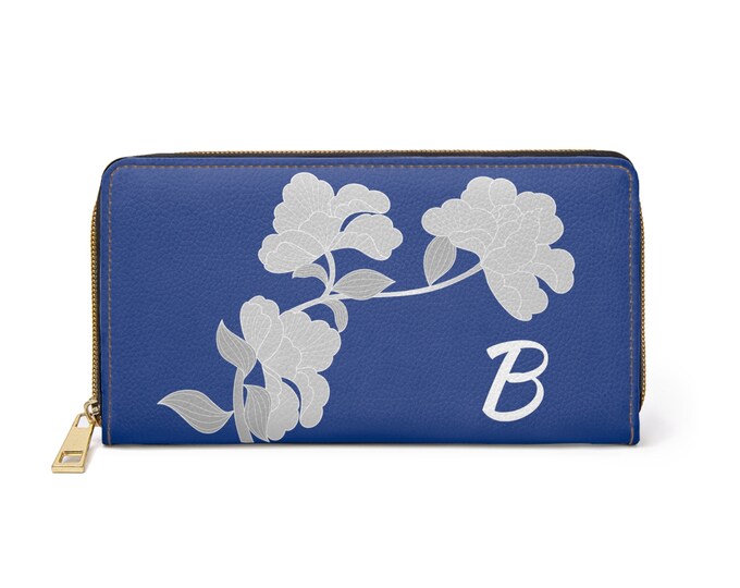 White and Blue Womens Floral Wallet, Personalized with your Initial, Zippered Wallet, Initial B