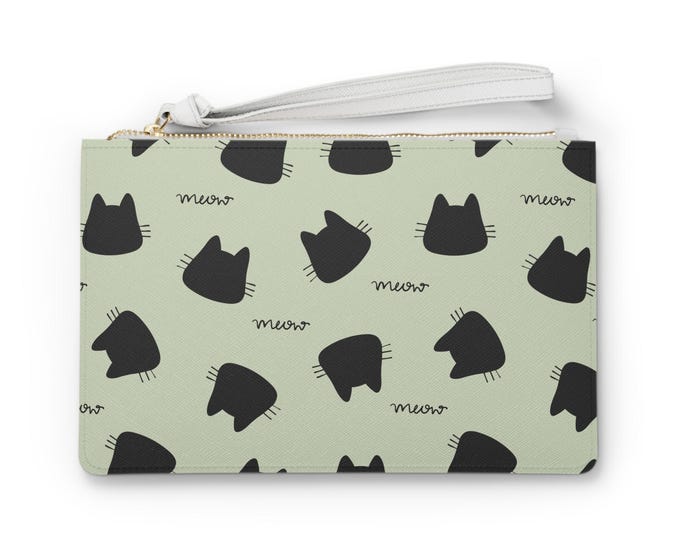 Black Cat Heads Pattern Clutch Bag | Mint Cat Meow Print
