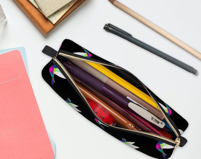 Hummingbird Black Leather Pencil Case – Stylish Zipper Pouch for School, Office, Travel, or Makeup Storage