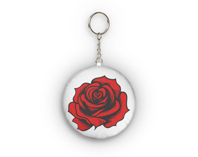 Red Rose Illustration Custom Shape Mini Plush Keychain | Floral Round Plush Keychain