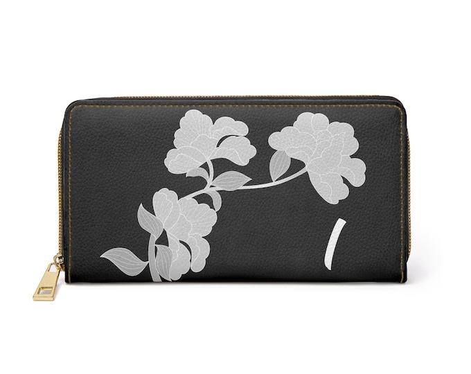 Black and White Womens Floral Wallet, Personalized with your Initial, Zippered Wallet, Initial I