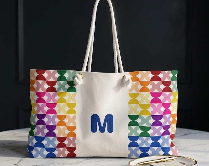 Personalized Womens Tote, Rainbow Mid Century Modern, White with Initial M, Weekender Bag