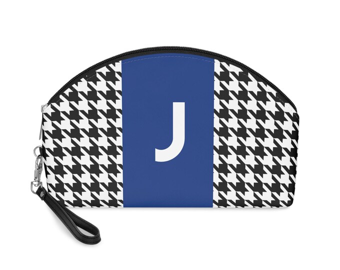 Blue, Black, and White Houndstooth patterned Makeup Bag, Personalized with Initial J, Her Makeup bag, Initialized