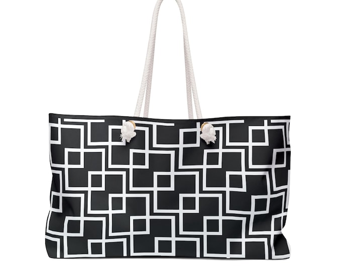Black Geometric Squares Weekender Bag | Modern Grid Pattern Tote