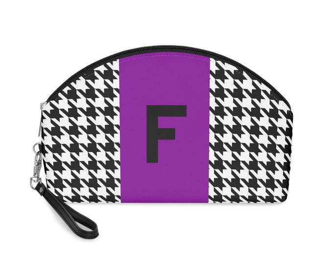 Purple, Black, and White Houndstooth patterned Makeup Bag, Personalized with Initial F, Her Makeup bag, Initialized