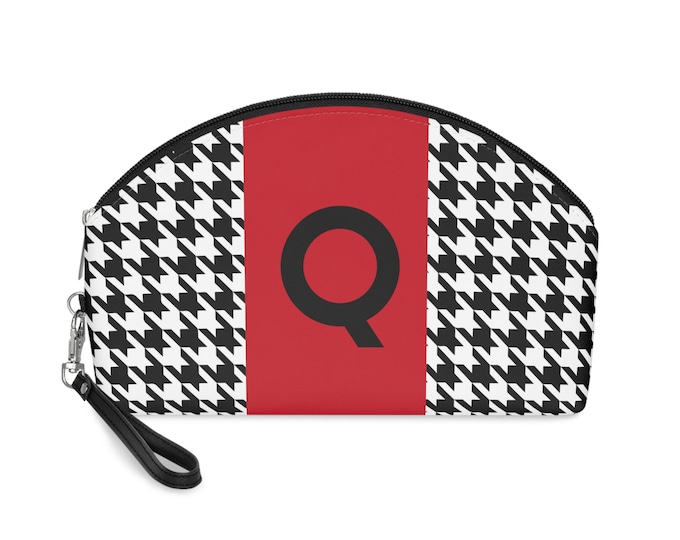 Red, Black, and White Houndstooth pattern Makeup Bag, Personalized with Initial Q, Initialized Makeup Bag, Personalized Makeup Bag