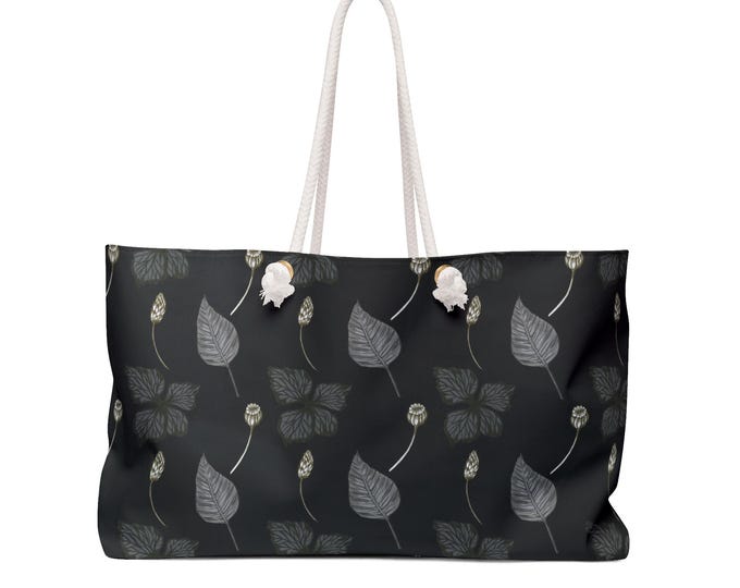 Muted Botanical Pattern Weekender Bag | Dark Floral Leaves Tote