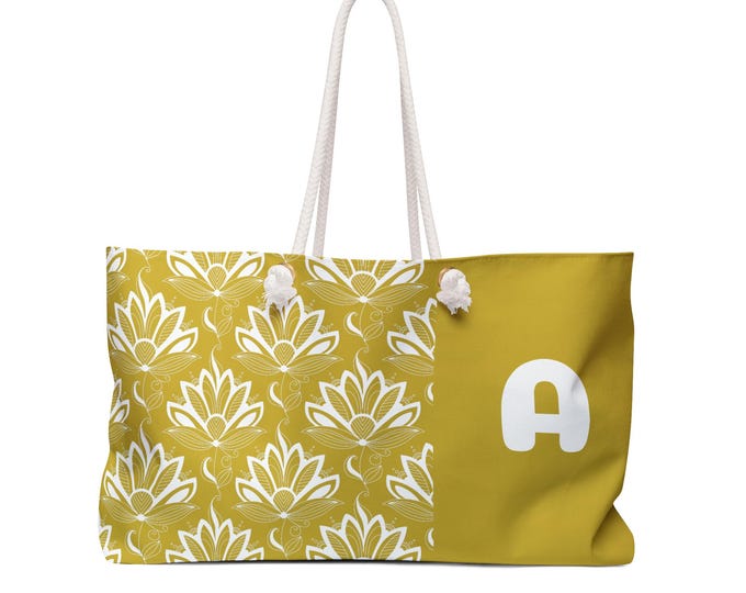 Mustard Yellow Chic Succulent Floral Weekender Tote Bag | Personalized with your Initial