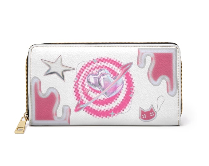 Y2K White and Pink Cosmic Heart Swirl Zipper Wallet | Cute Drip Stars Cat Icons