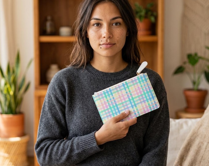 Pastel Plaid Mini Clutch Wallet | Spring Checkered Pattern, Zip Pouch