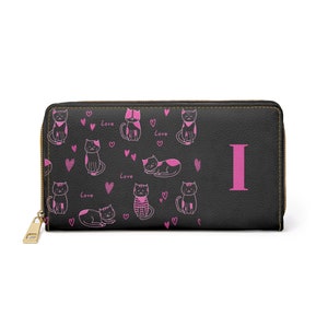 Cartera negra con gatos enamorados en color rosa, cartera con cremallera, cartera personalizada, cartera para mujer, inicial I